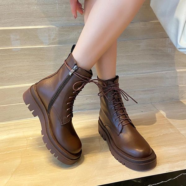 boots zawsthia keep warm fur plush brown platform motorcycle women winter shoes cross-tied chic goth ankle big size 33-43, Black